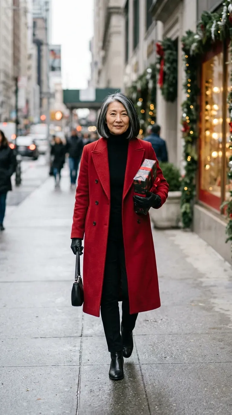Asian woman in a red wool coat over a black turtleneck and trousers on a snowy-looking street