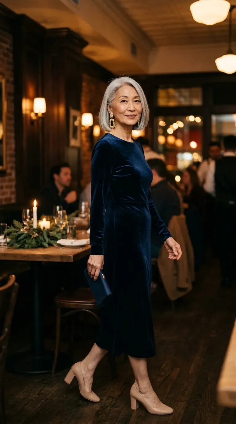 Woman over 50 in red wrap dress and black ankle boots at a Christmas date restaurant