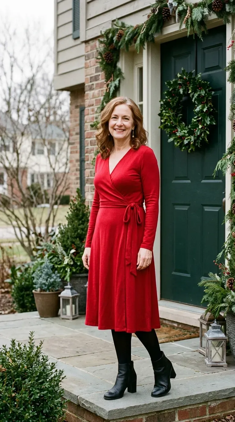 Woman over 50 in red wrap dress and black ankle boots for a Christmas family photo