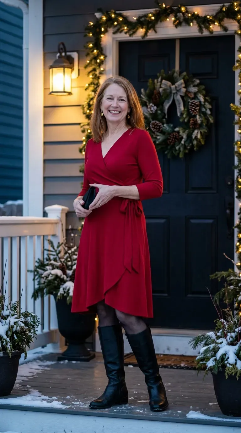 Woman over 50 in red wrap dress and tall black boots for a Christmas card photo
