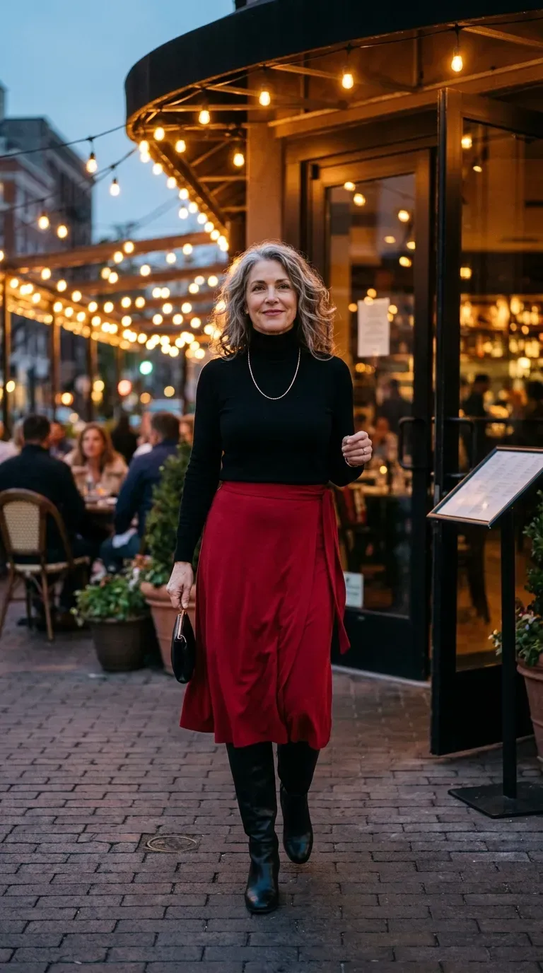 Woman over 50 in red wrap midi skirt, black turtleneck and black boots at a date night