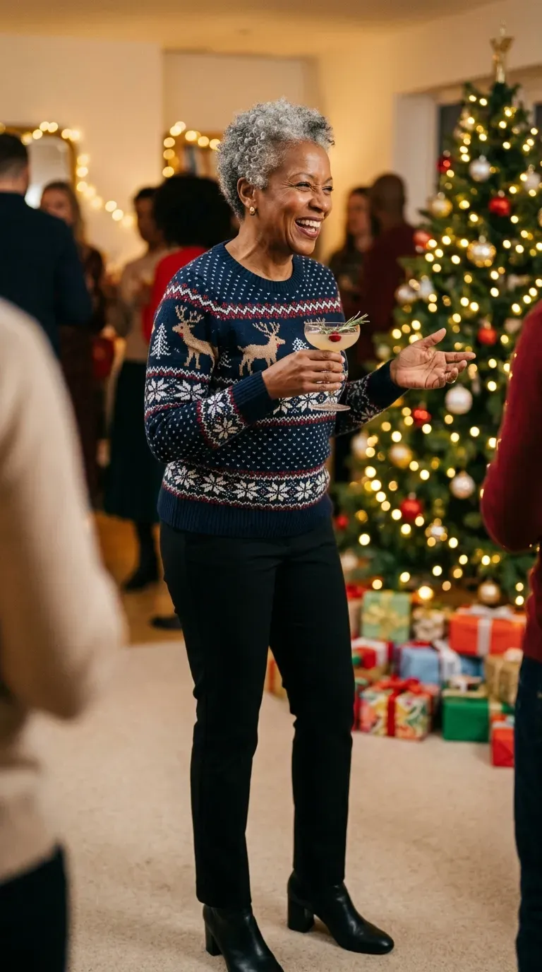 Woman over 50 in reindeer sweater, black slim trousers and block-heel boots at a party