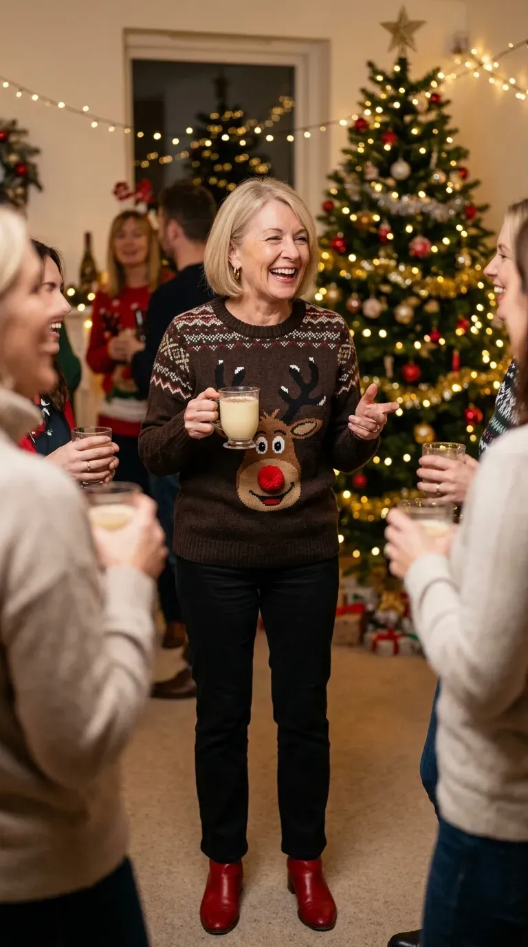 Woman over 50 in Rudolph sweater, black jeans and red ankle boots at a party