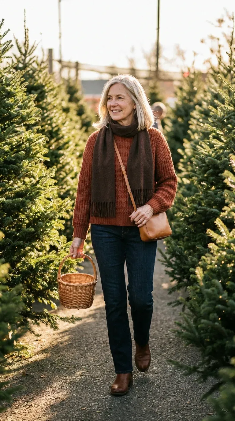 White woman in a rust chunky sweater and dark jeans walking through a Christmas tree lot