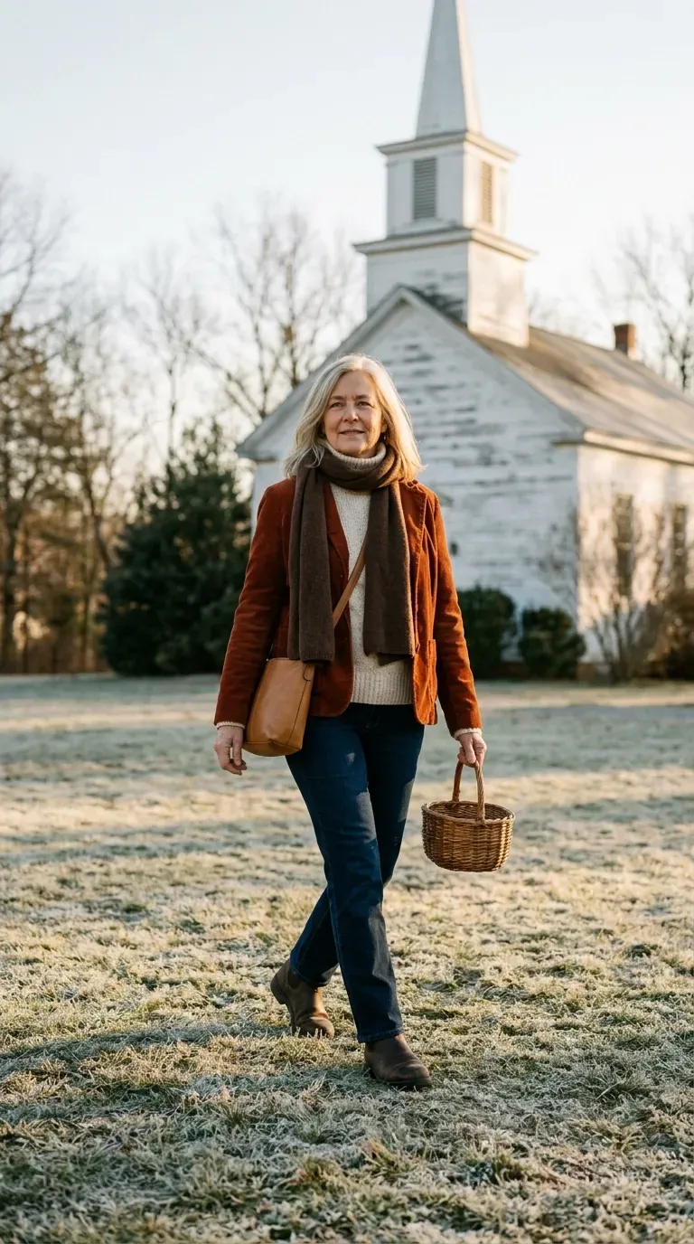 White woman in rust corduroy jacket, cream turtleneck and jeans near a church lawn