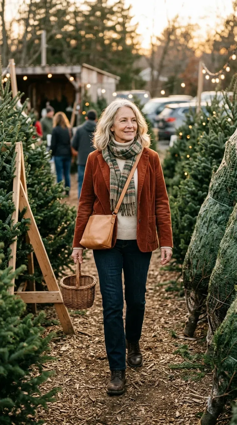 White woman in a rust corduroy jacket, cream turtleneck and jeans in a pine tree lot