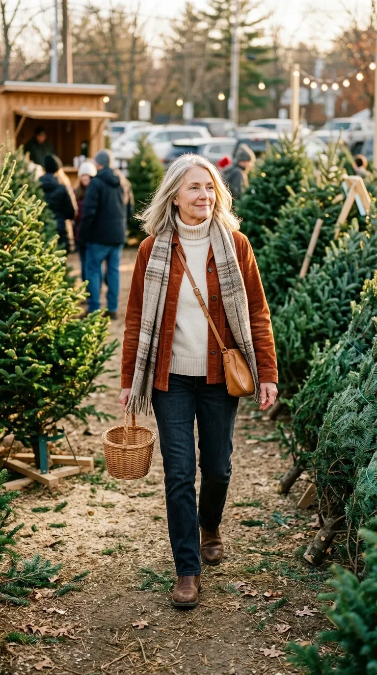 White woman in a rust corduroy jacket, cream turtleneck and jeans in a pine tree lot