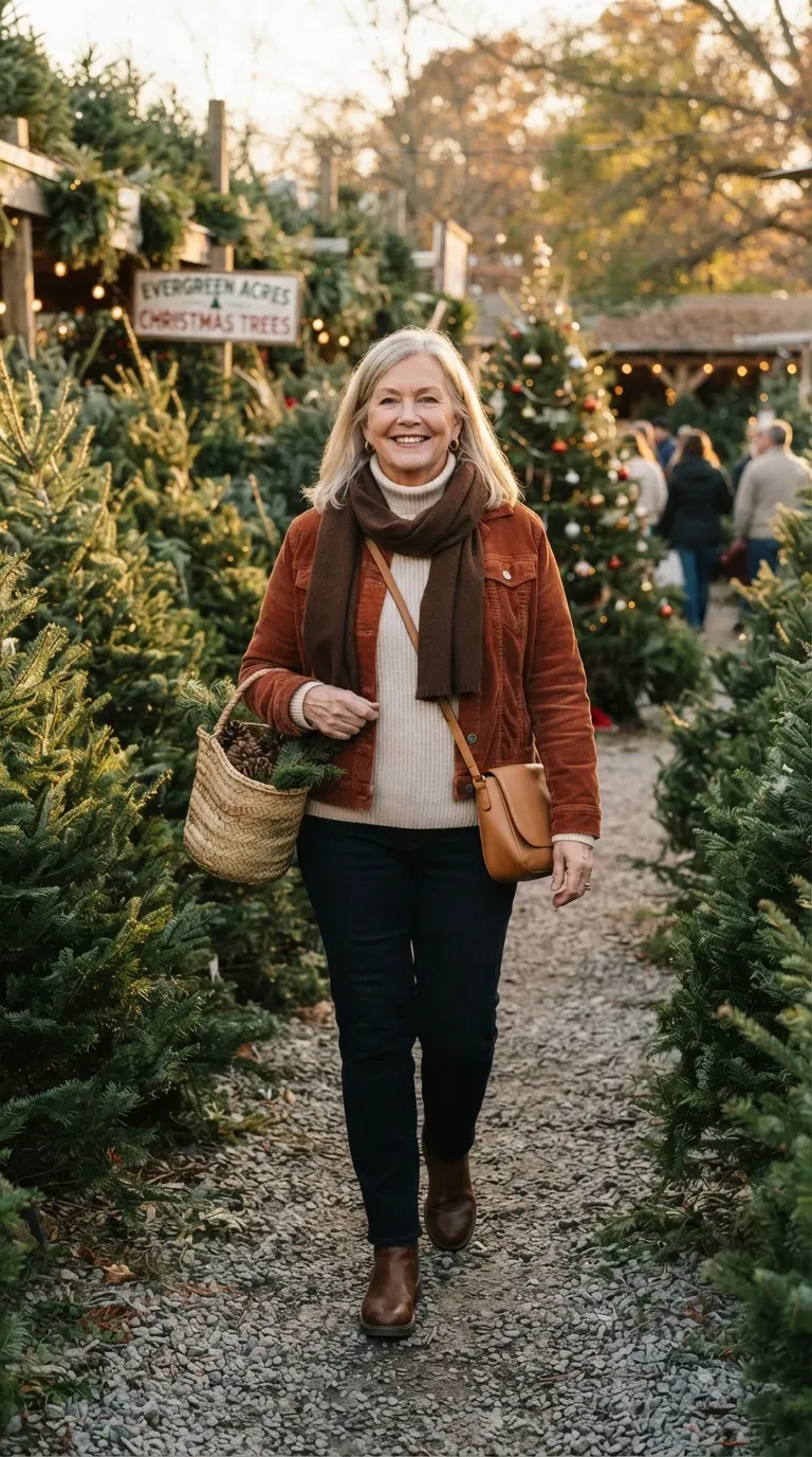 White plus-size woman in a rust corduroy jacket, cream turtleneck and jeans in a pine tree lot