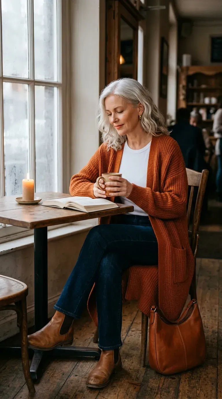 Woman over 40 in rust orange cardigan and dark indigo jeans at a cozy festive café