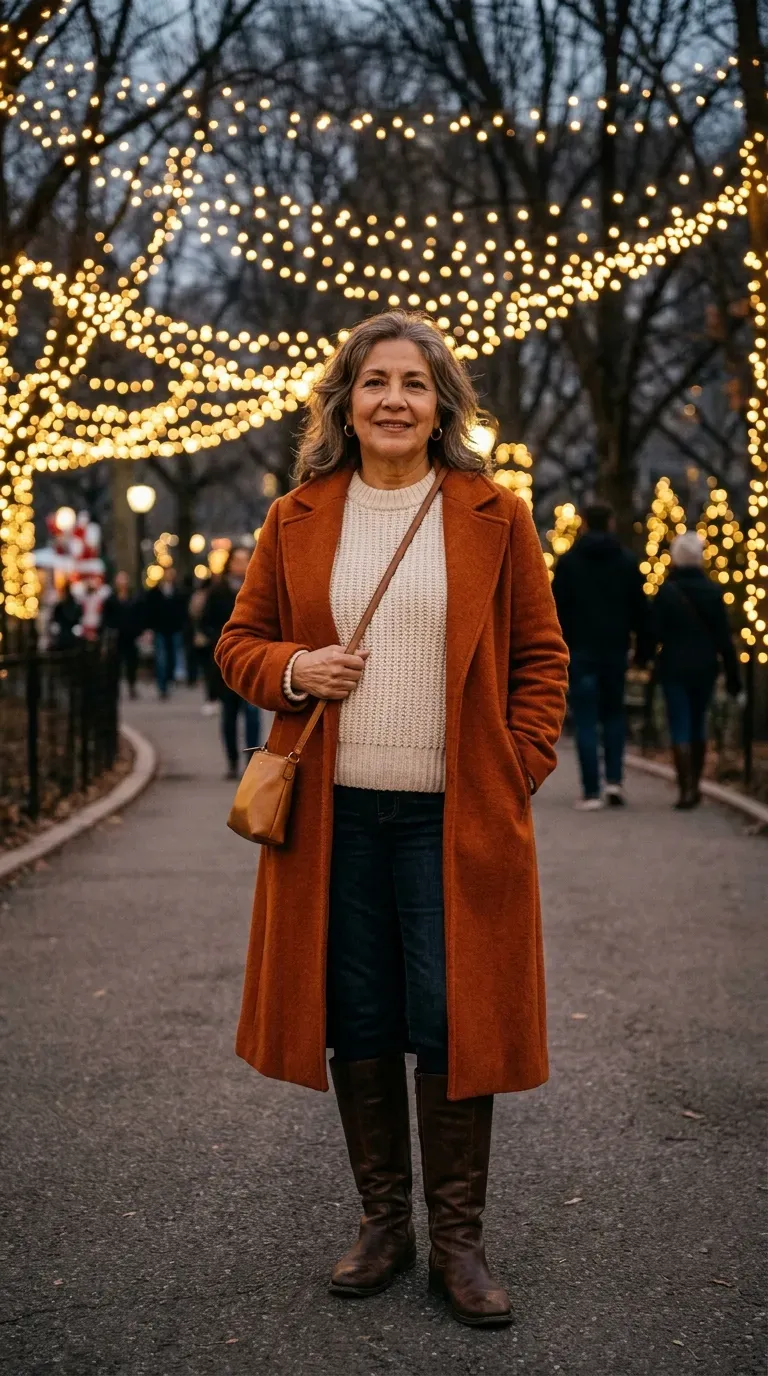 Woman over 50 in rust orange coat, cream knit and brown boots at a Christmas lights display