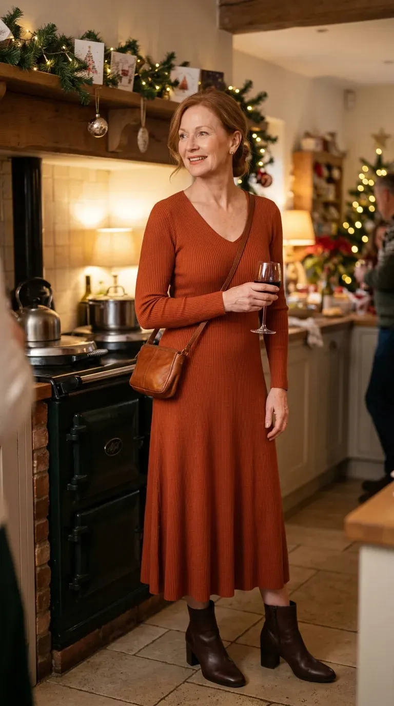 Woman over 50 in rust orange knit midi dress and brown ankle boots at a relaxed Christmas gathering