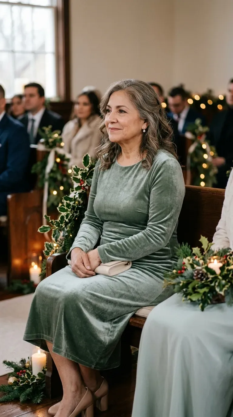 Woman over 50 in sage green velvet midi dress and nude block heels at a winter wedding