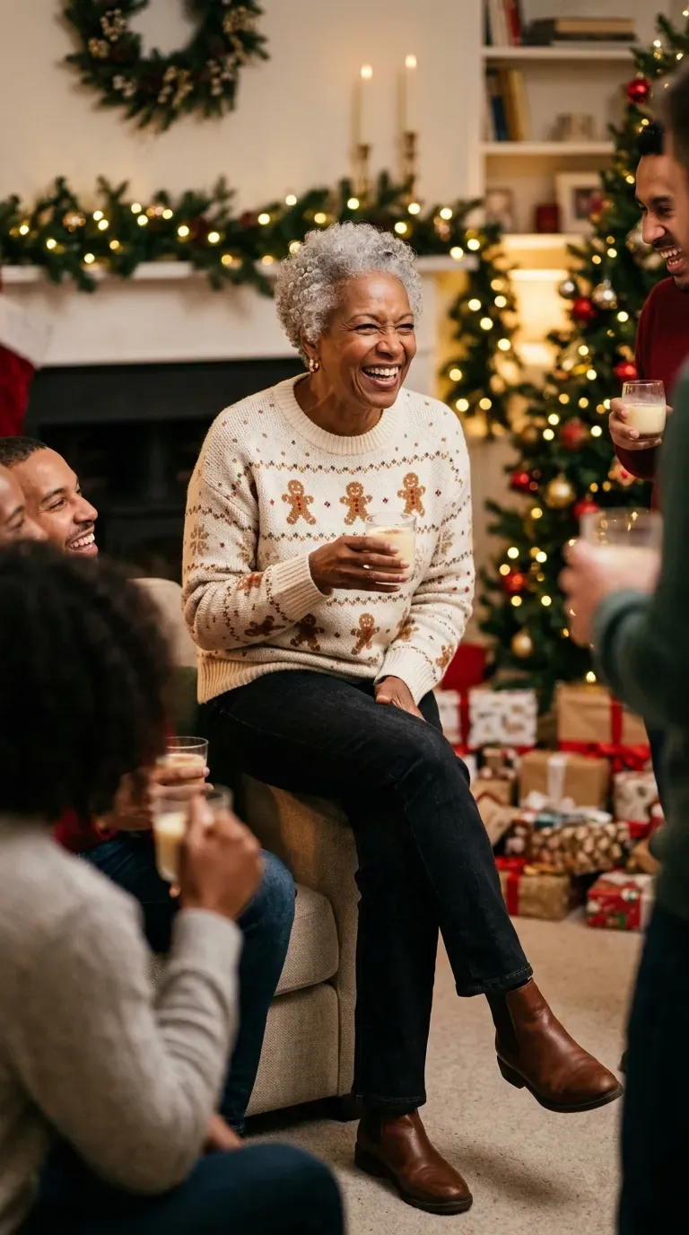 Woman over 50 in Santa hat print sweater, wide-leg trousers and black flats at a party