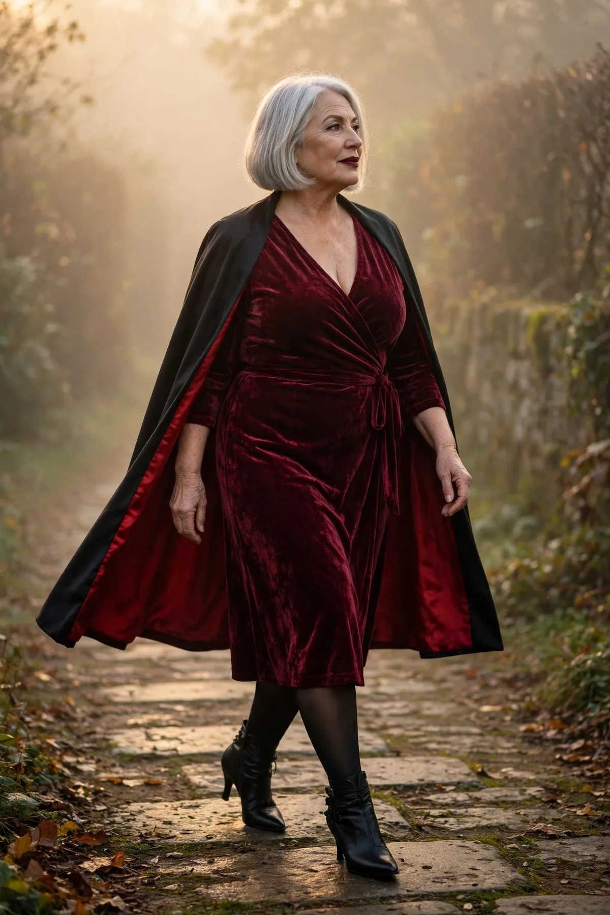 Woman in a burgundy velvet wrap dress and cape, a plus size vampire Halloween costume