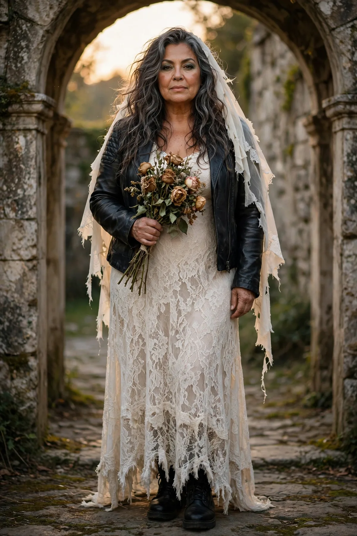 Woman in an ivory lace dress and leather jacket, a zombie bride Halloween costume for plus size