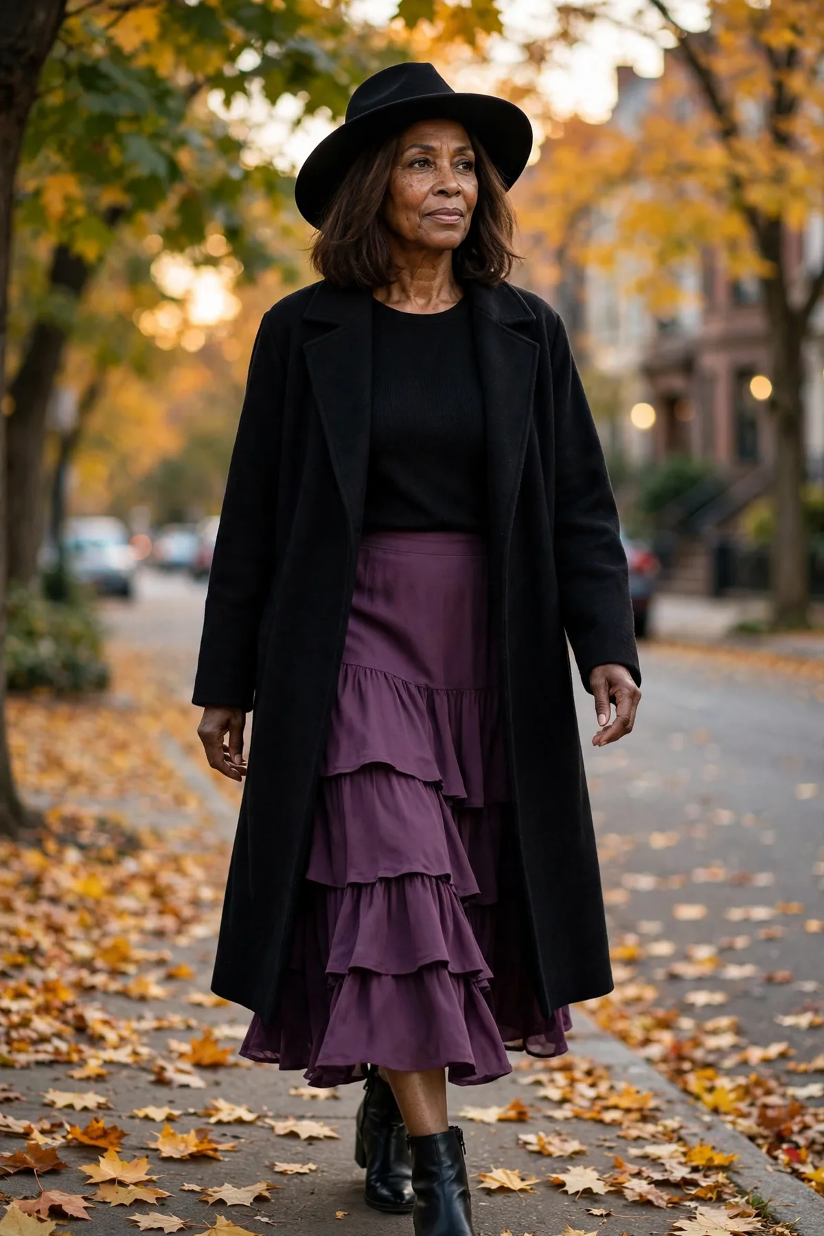 Woman in a long black coat and plum tiered skirt, chic gothic Halloween outfit