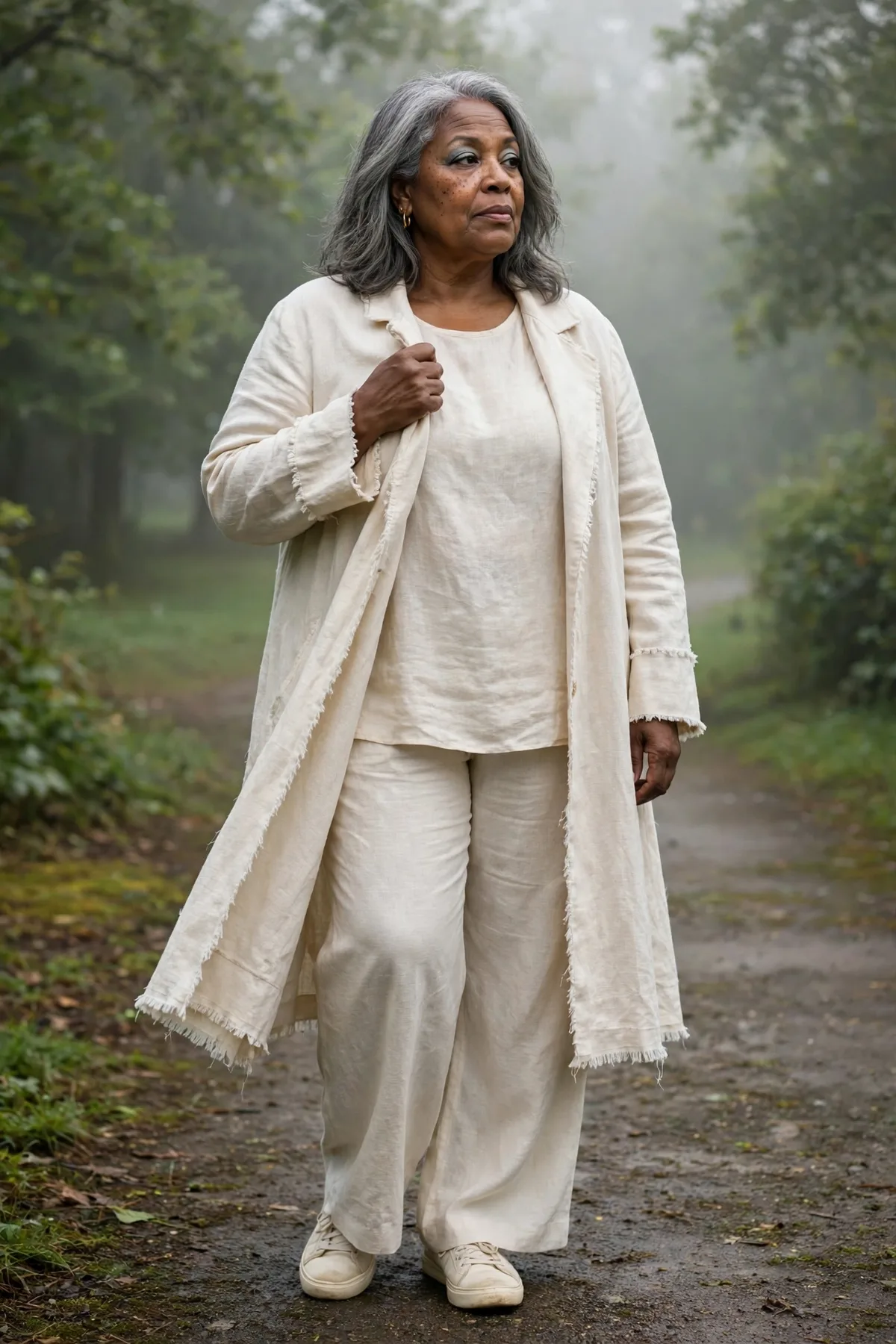 Woman in cream layers and a duster coat, an easy ghost among plus size Halloween costumes