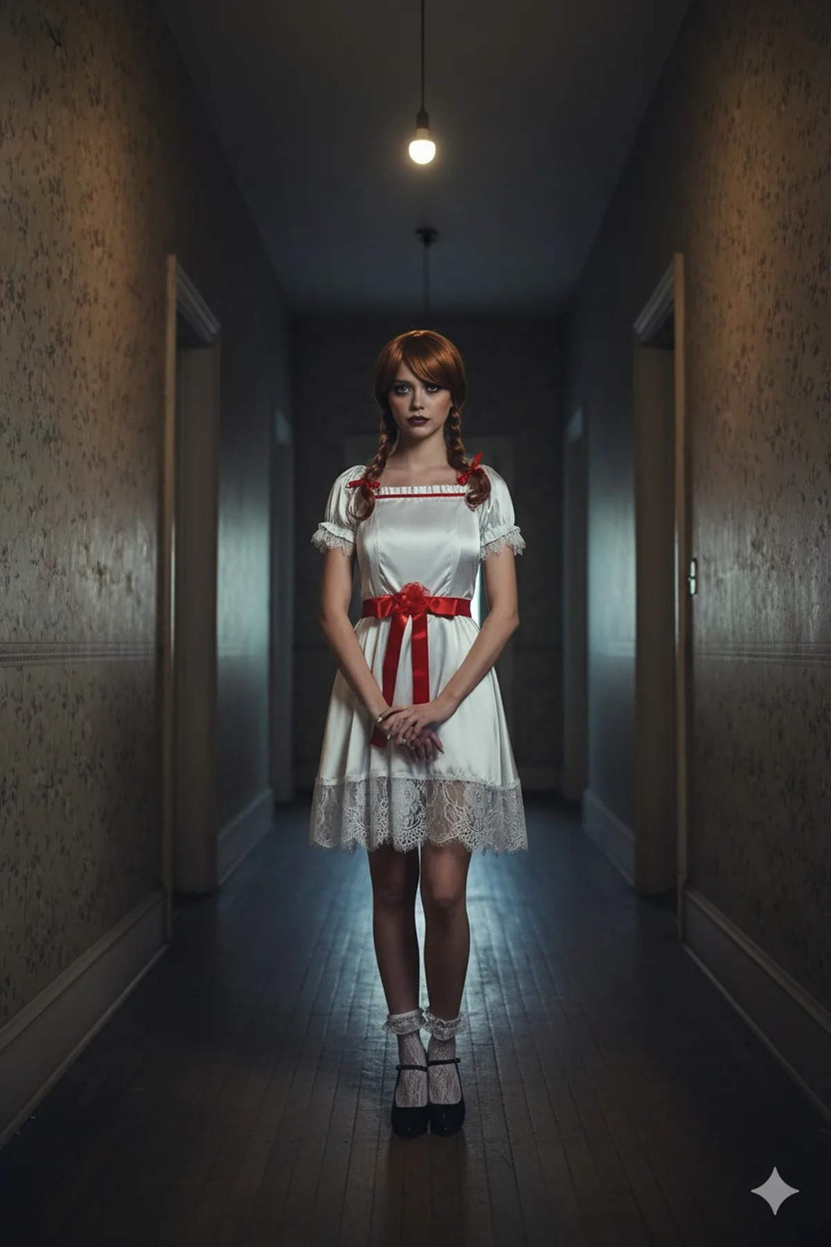 Woman in a dusty blue smock dress and collar blouse, a possessed doll Halloween costume