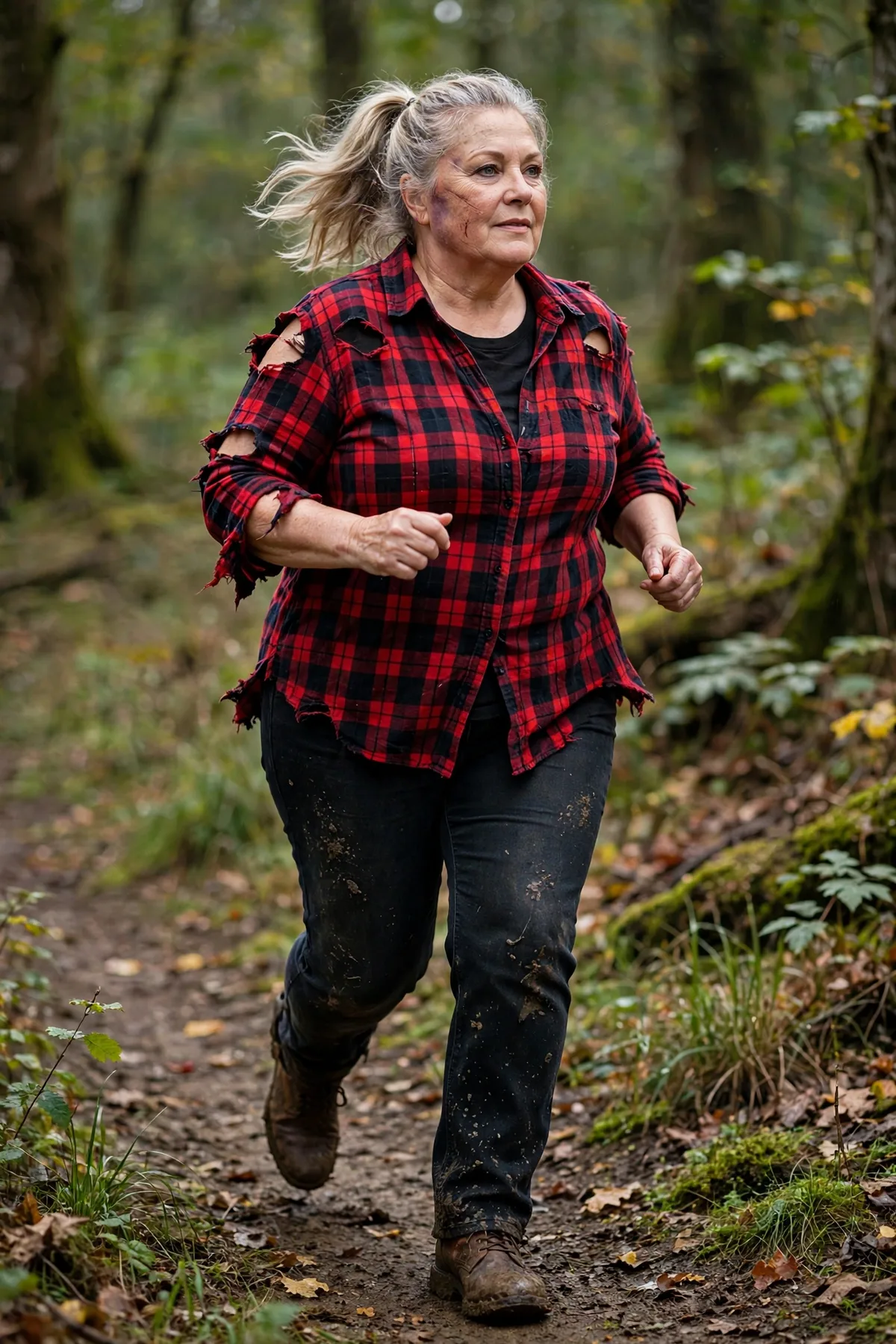 Woman in torn flannel and jeans, a slasher survivor among plus size Halloween costumes