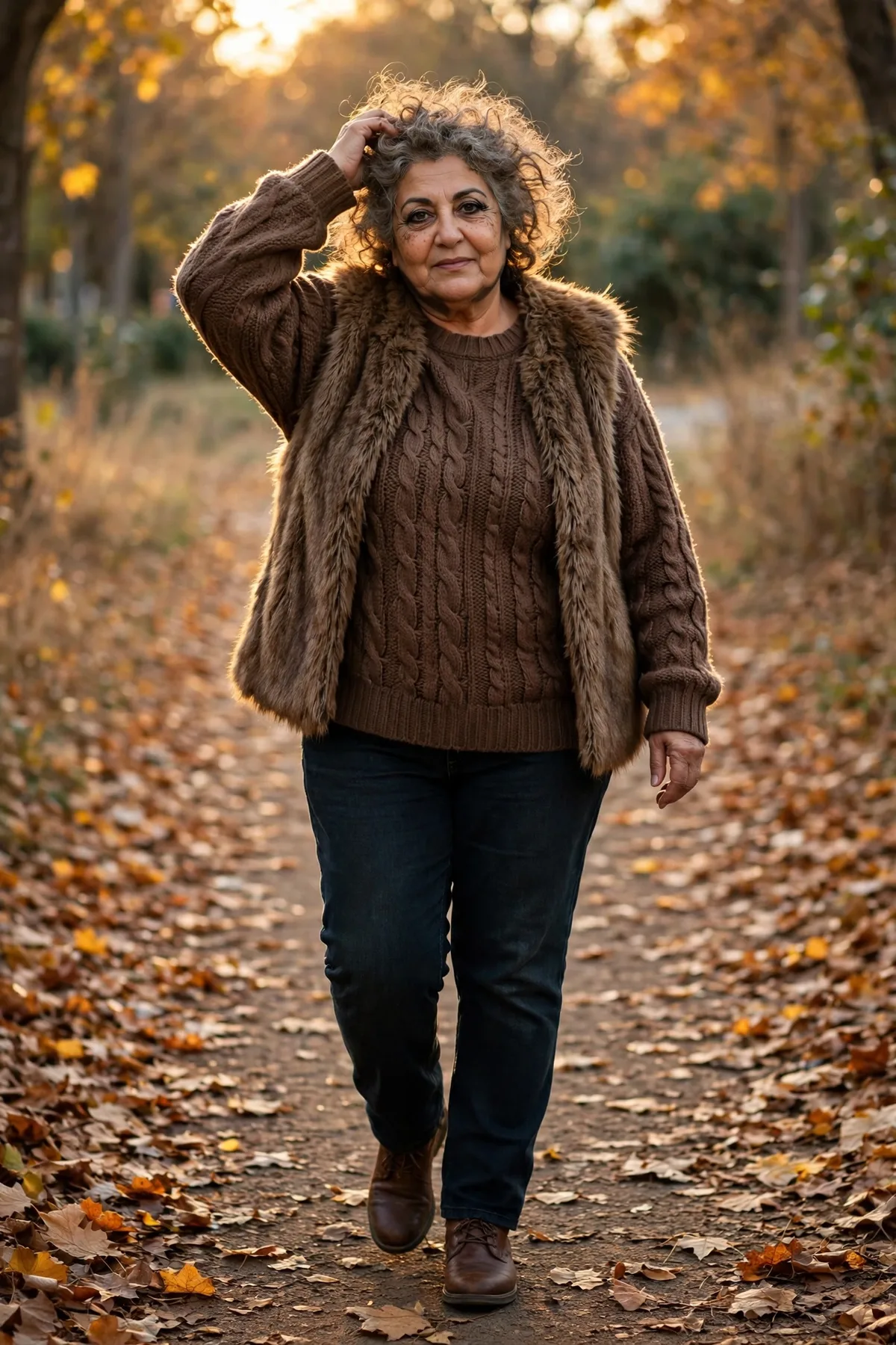 Woman in a brown knit and faux fur vest, a cozy werewolf plus size Halloween costume