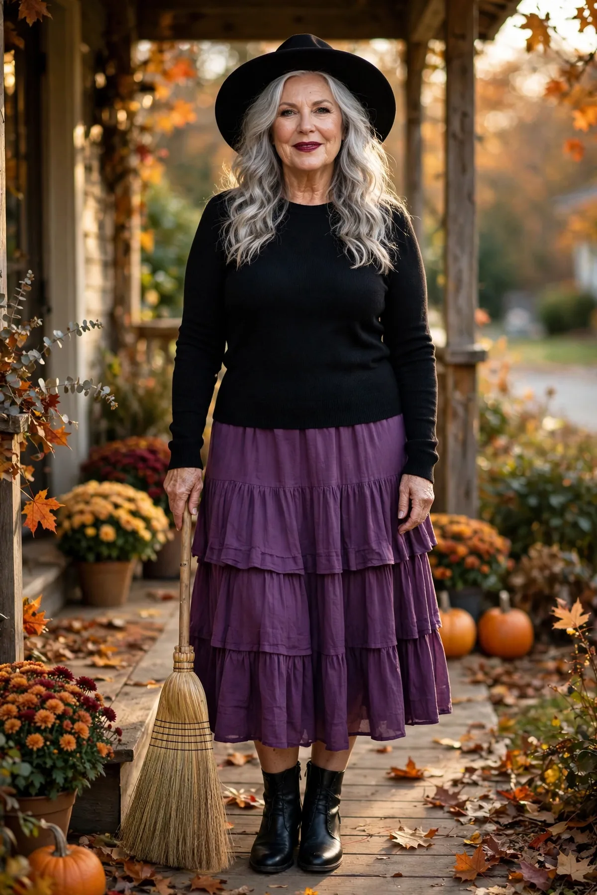 Woman in a plum tiered skirt and witch hat, a chic witch Halloween costume over 50