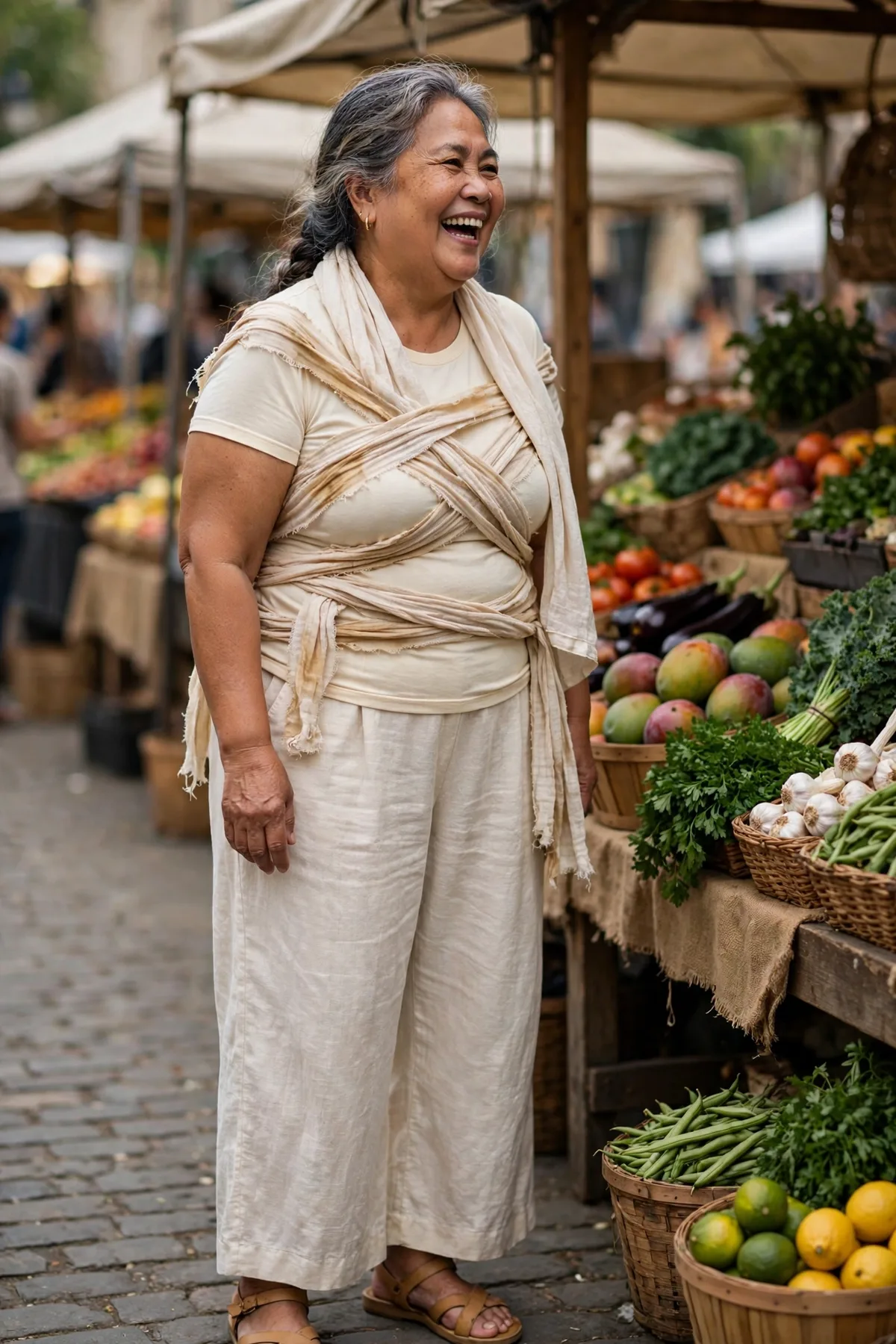 Woman in cream trousers and gauze wraps, a comfortable mummy Halloween costume