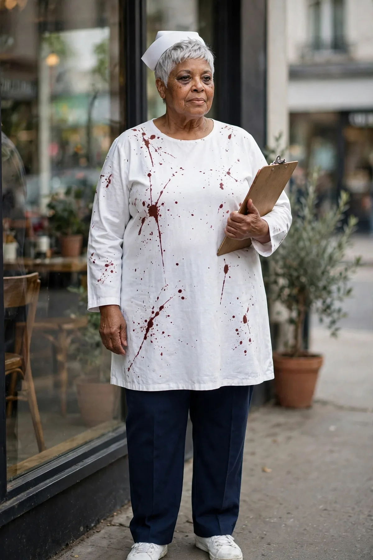 Woman in a white tunic and navy trousers, a haunted nurse scary Halloween costume
