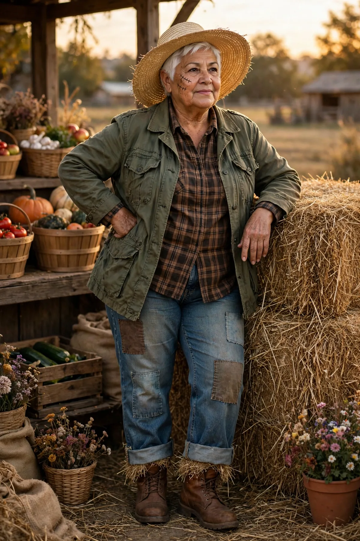 Woman in an olive jacket and patched jeans, a scarecrow Halloween costume for women over 50