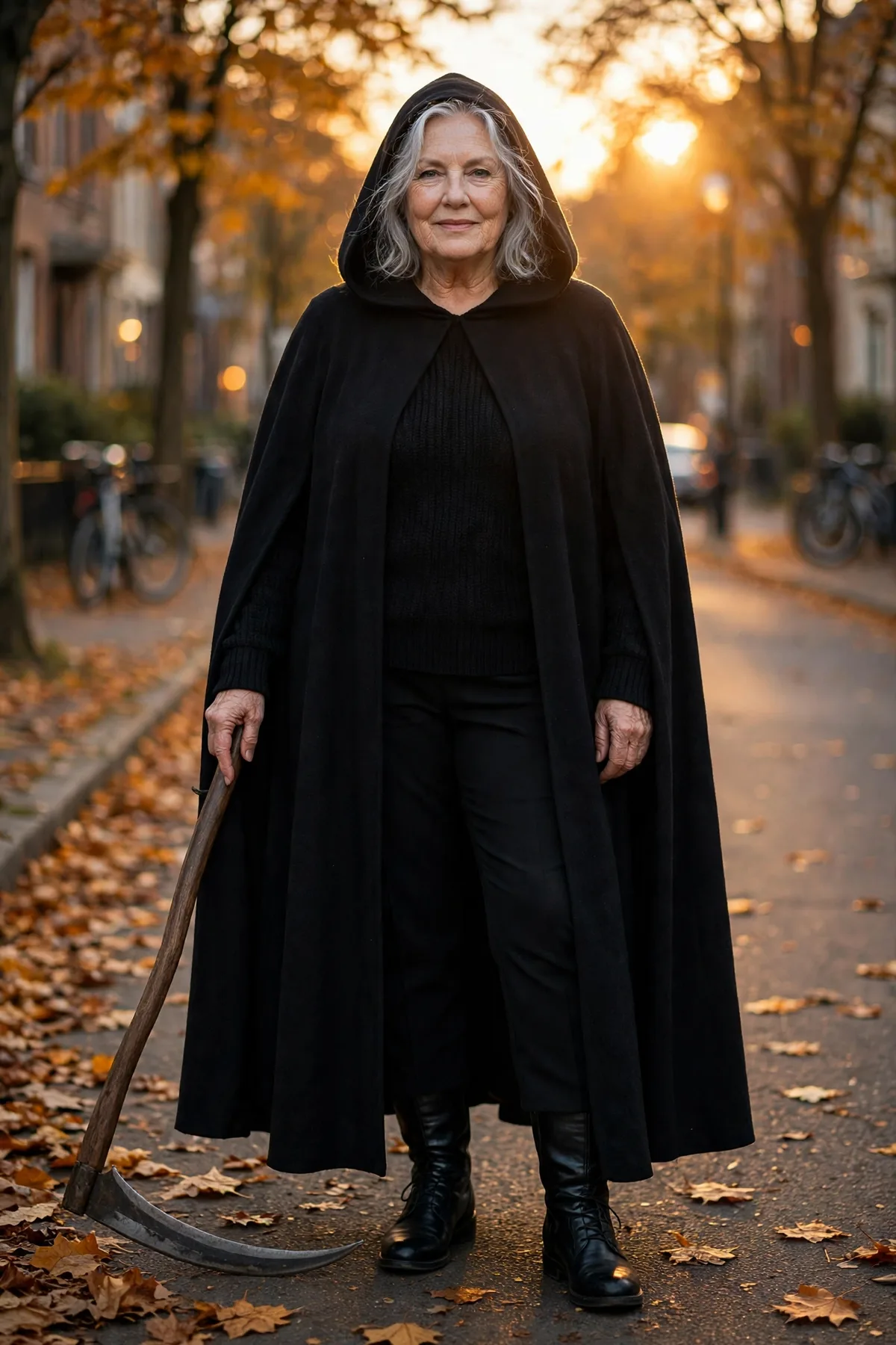 Woman in a black hooded cloak and boots, a grim reaper plus size Halloween costume