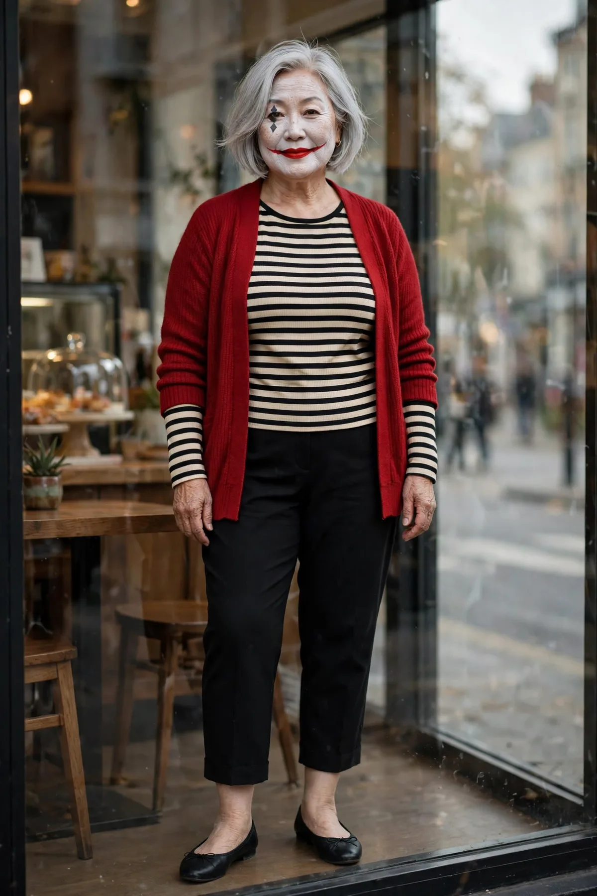 Woman in a striped top and red cardigan, a creepy clown among scary Halloween costumes