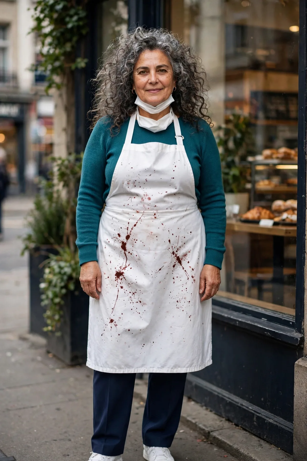 Woman in a teal knit and white apron, a mad surgeon among plus size Halloween costumes