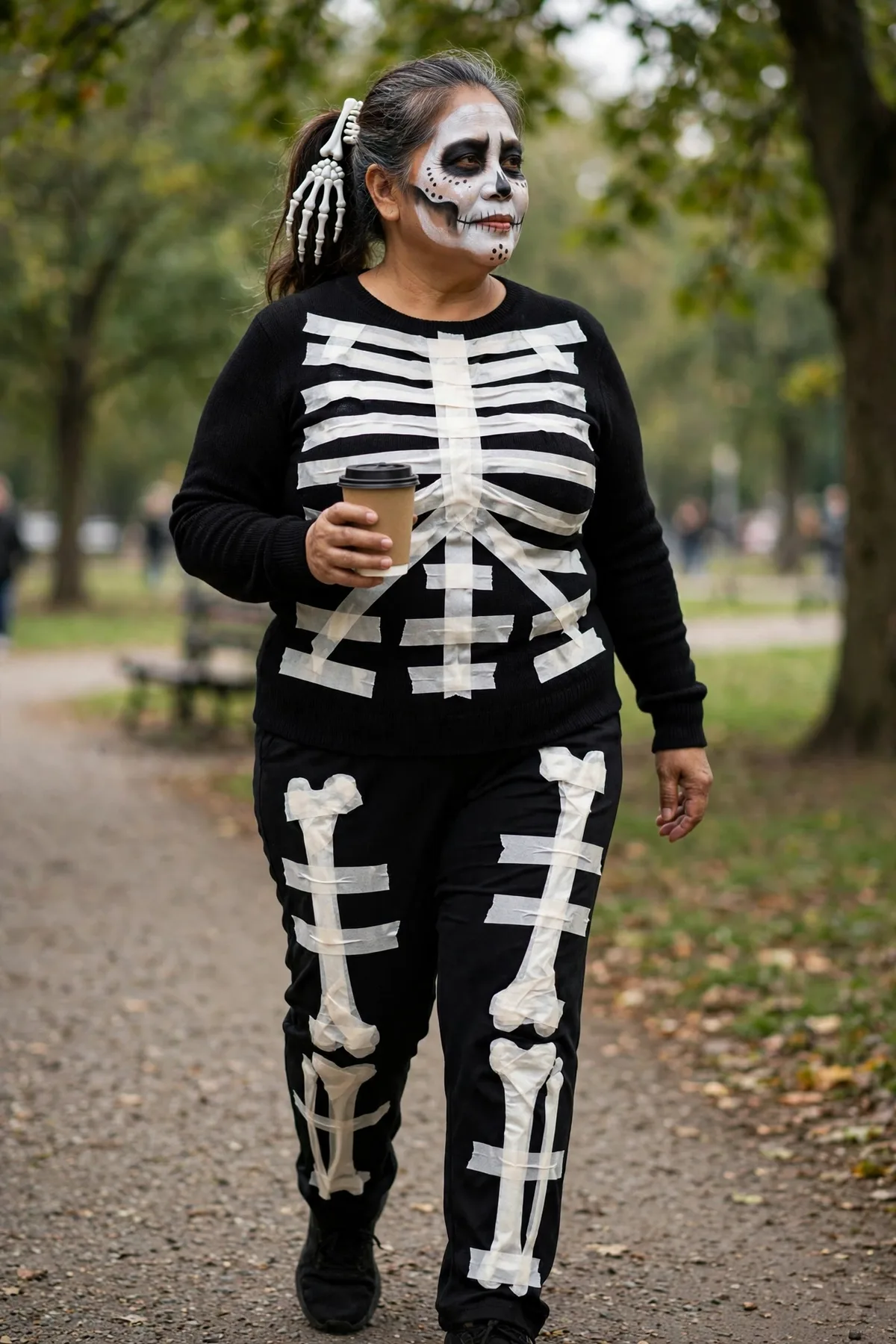 Woman in black track pants with taped bones, an easy skeleton plus size Halloween costume