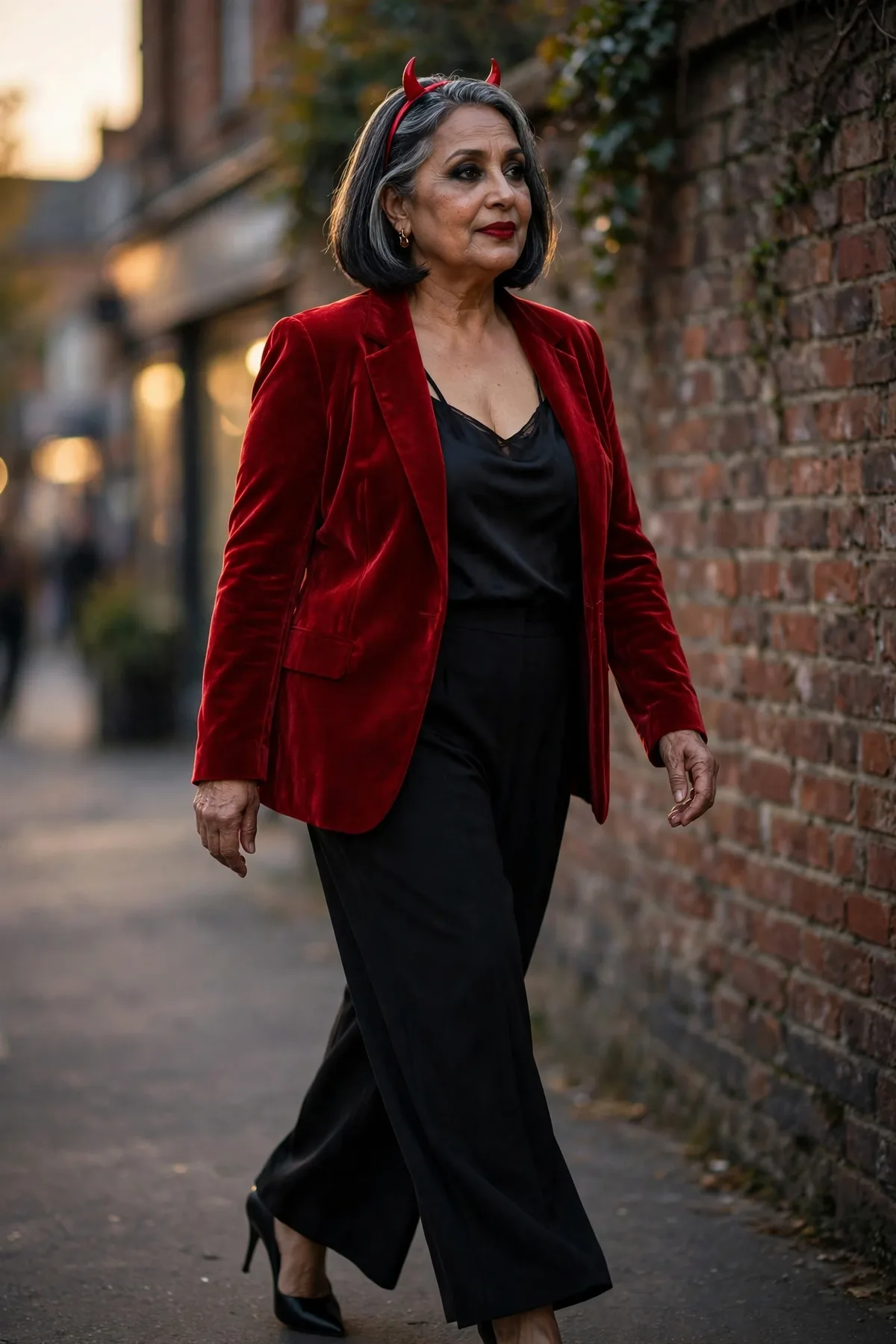 Woman in a red velvet blazer and black trousers, a chic demon scary Halloween costume