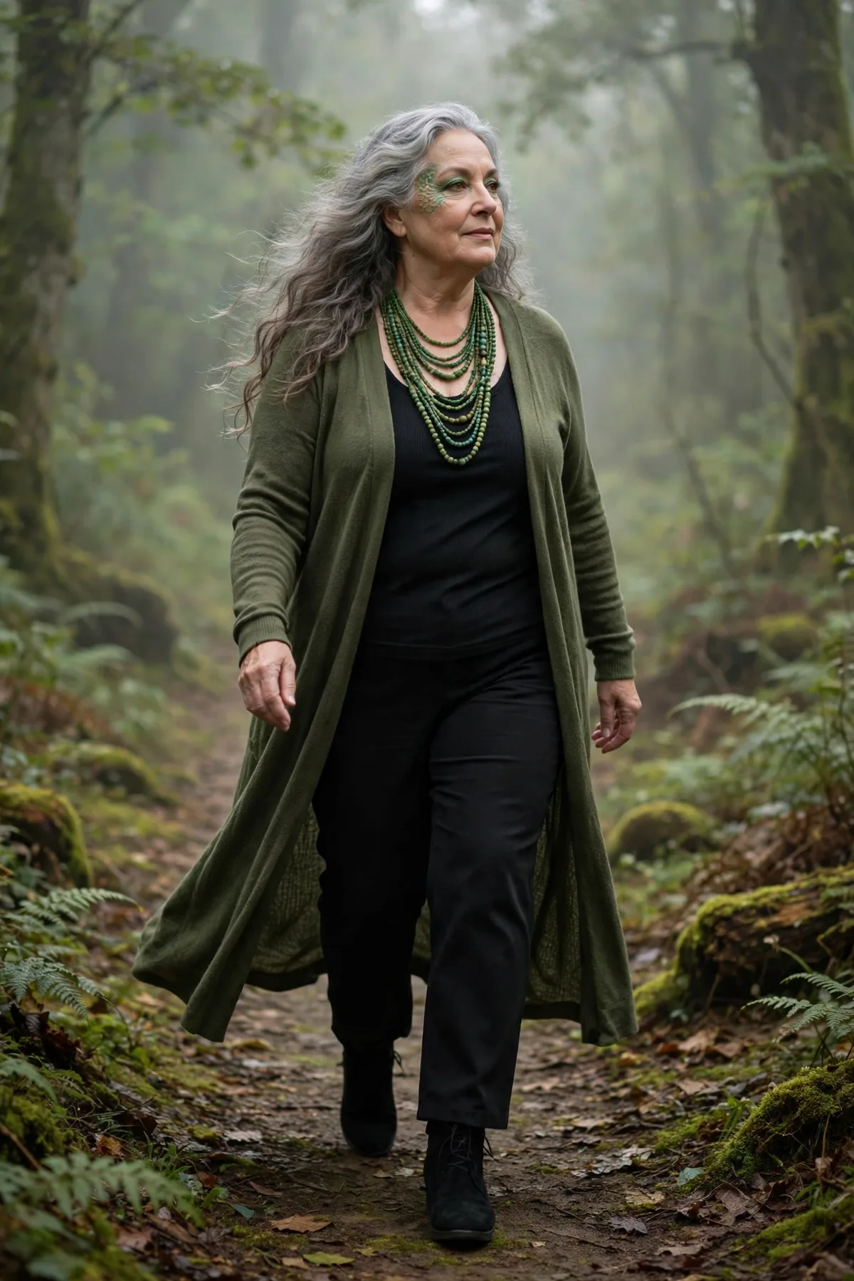 Woman in an olive maxi cardigan and black trousers, a swamp creature Halloween costume