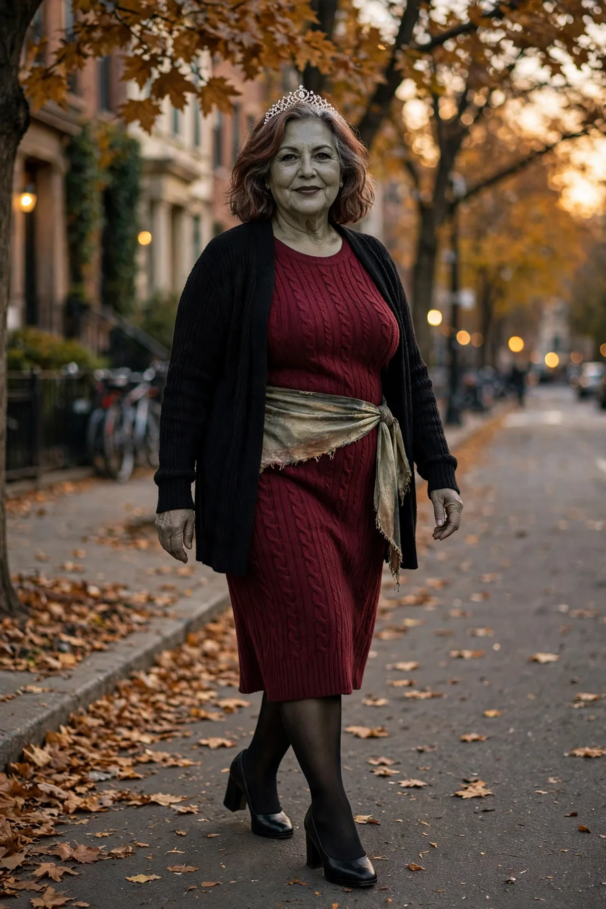 Woman in a burgundy dress and tiara, a zombie prom queen scary Halloween costume