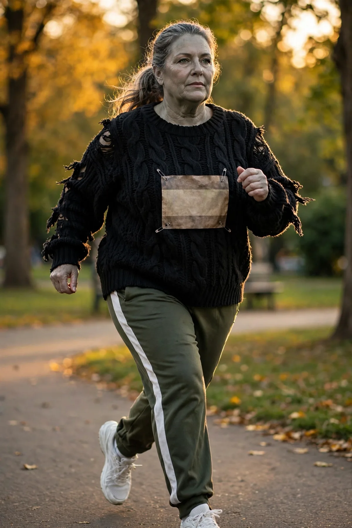 Woman in olive track pants and a torn black knit, a zombie runner Halloween costume
