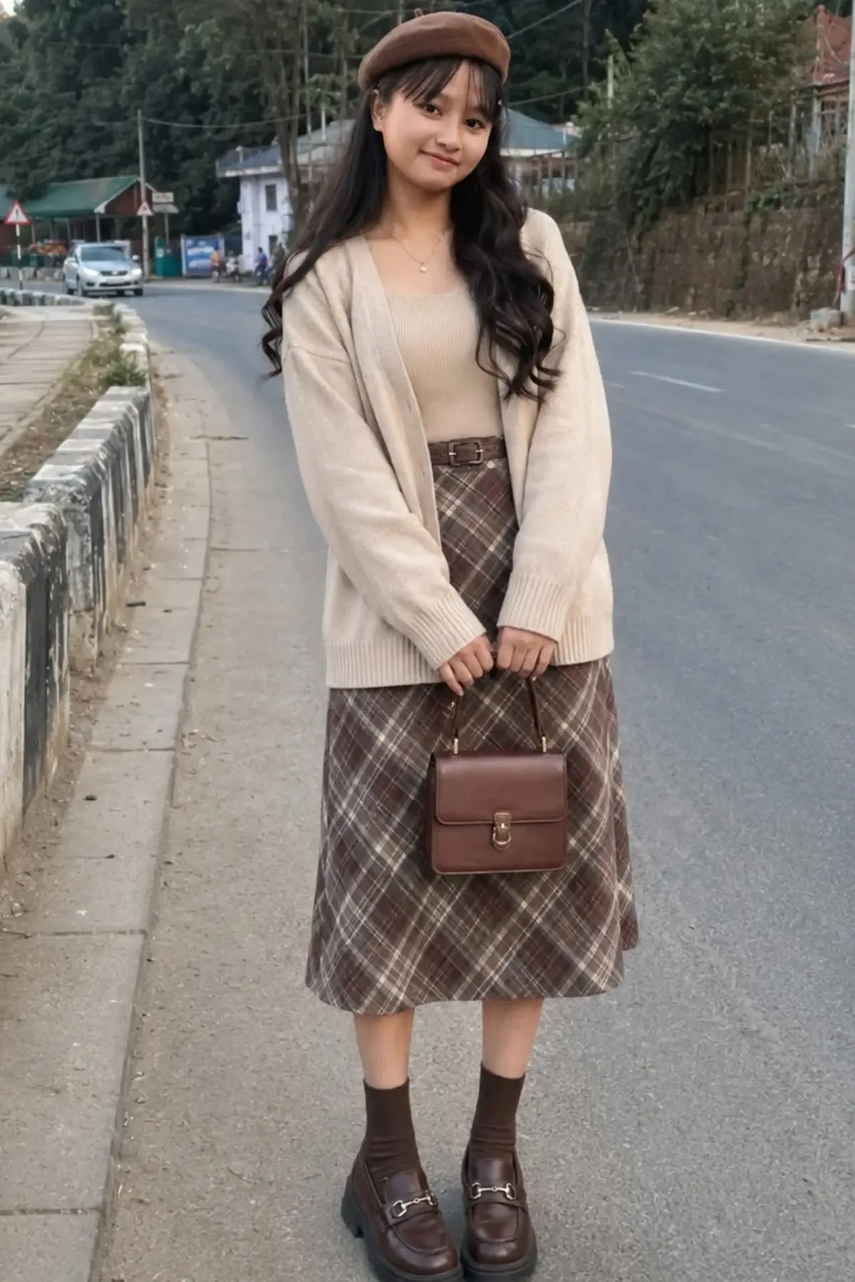 Woman in a camel cardigan and plaid skirt, a dead librarian plus size Halloween costume