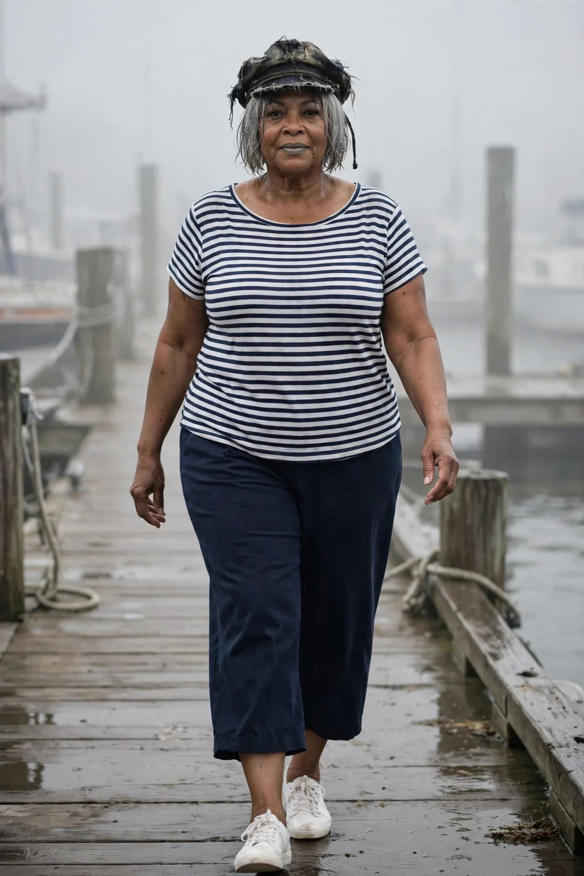 Woman in a navy striped top and cropped trousers, a ghost sailor scary Halloween costume