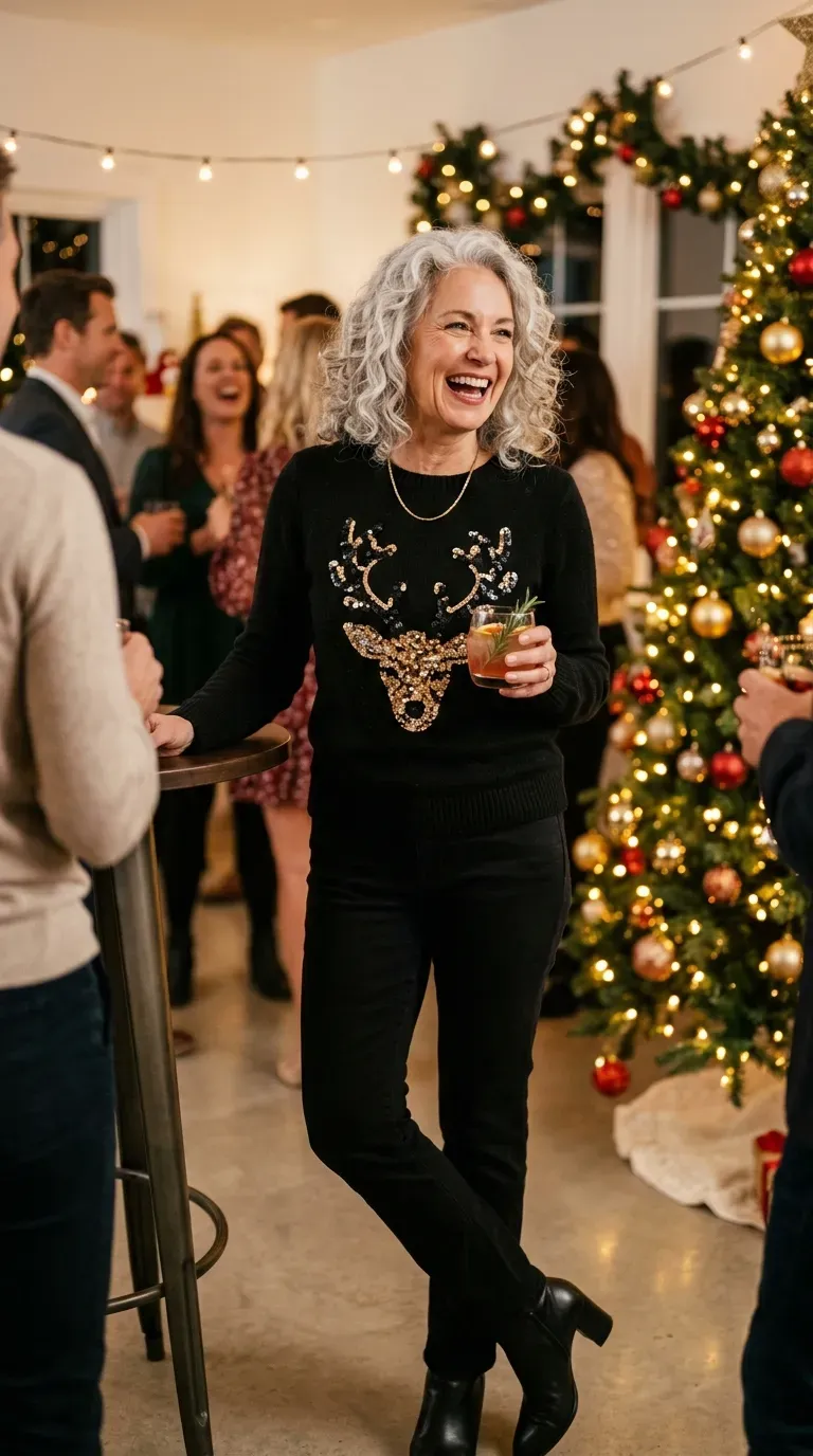 Woman over 50 in sequin reindeer sweater, black jeans and heeled boots at a party