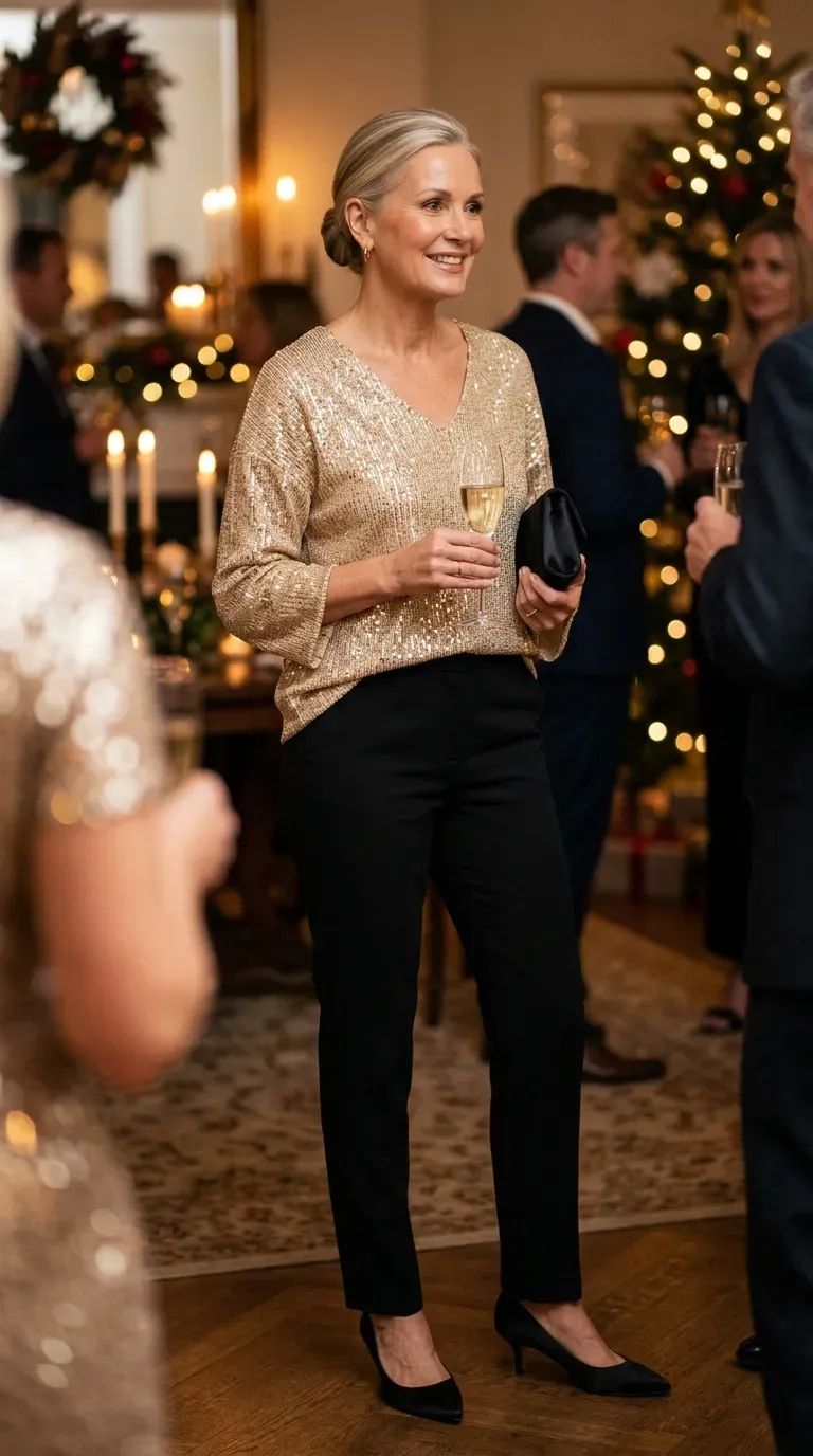 Woman over 50 in gold sequin top and black trousers at a festive Christmas evening event