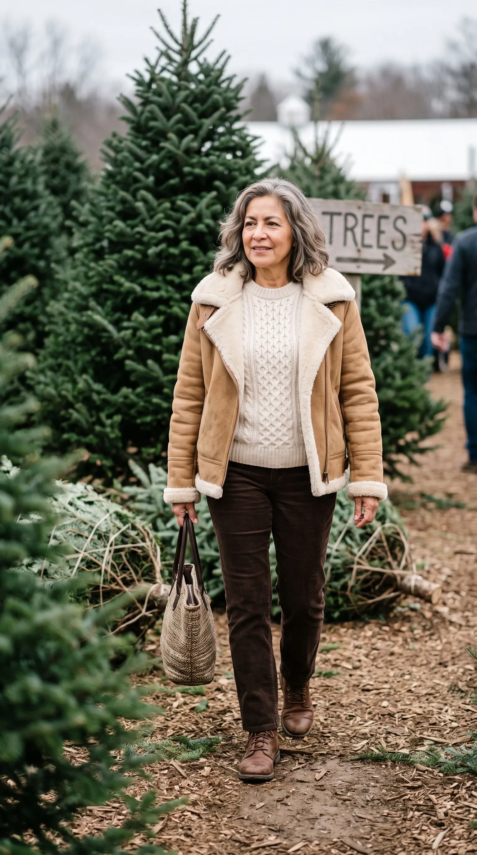 Woman in shearling jacket, cream sweater and corduroy pants at a Christmas tree farm