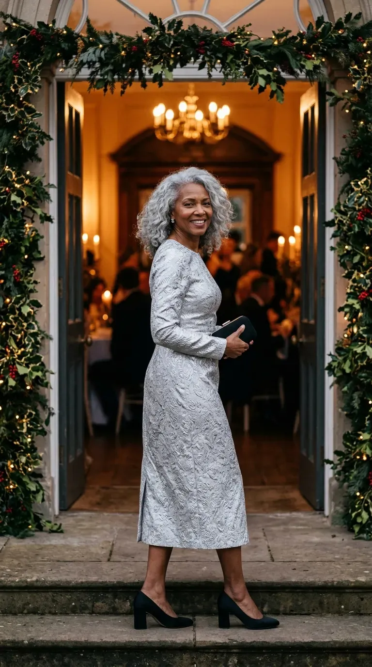Woman over 50 in silver jacquard midi dress and black satin pumps at a winter wedding
