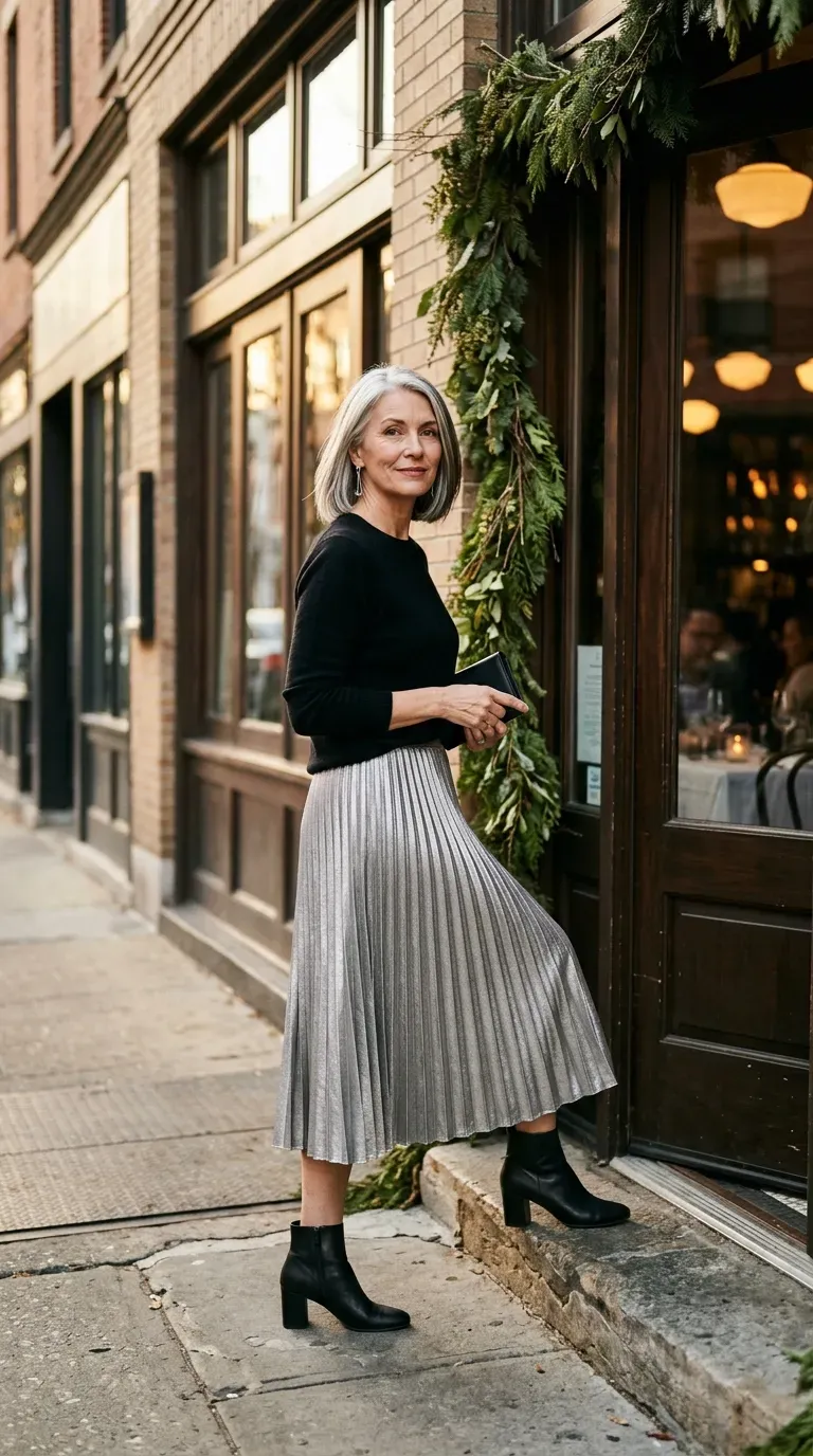 Woman over 50 in silver pleated midi skirt, black sweater and ankle boots near a restaurant