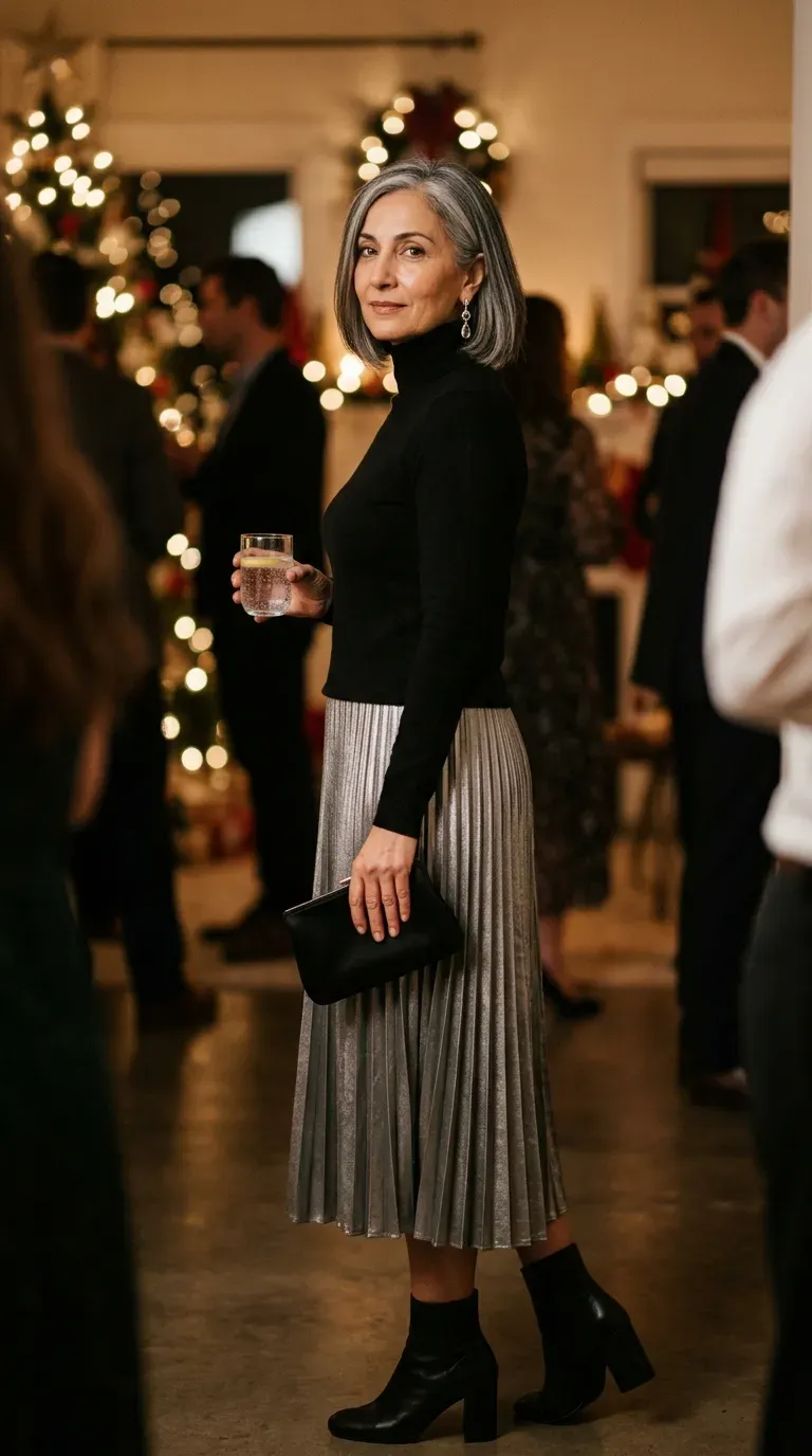 Woman over 50 in silver pleated midi skirt, black turtleneck and boots at a holiday party
