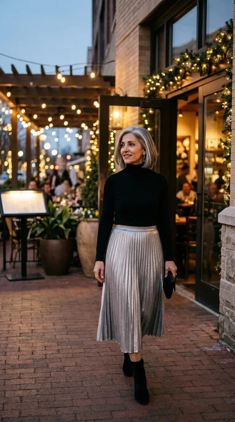 Woman over 50 in silver pleated midi skirt, black turtleneck and velvet boots at a date dinner