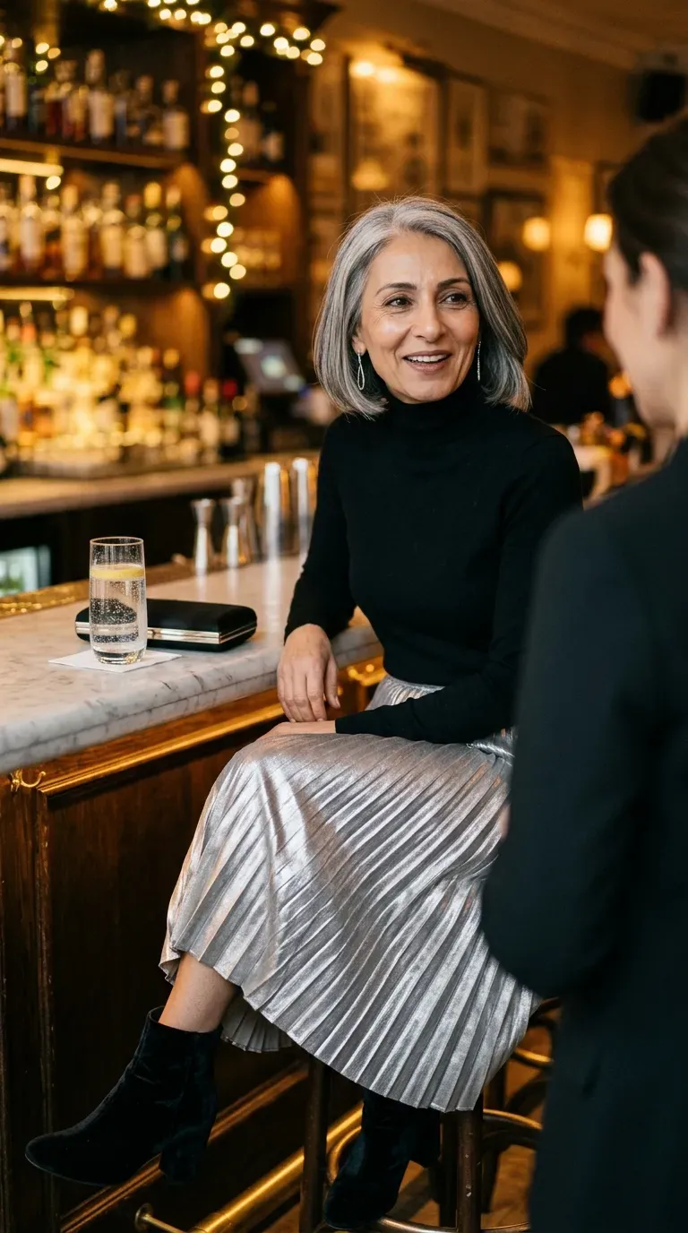 Woman over 50 in silver pleated midi skirt, black turtleneck and velvet boots on a girls night out