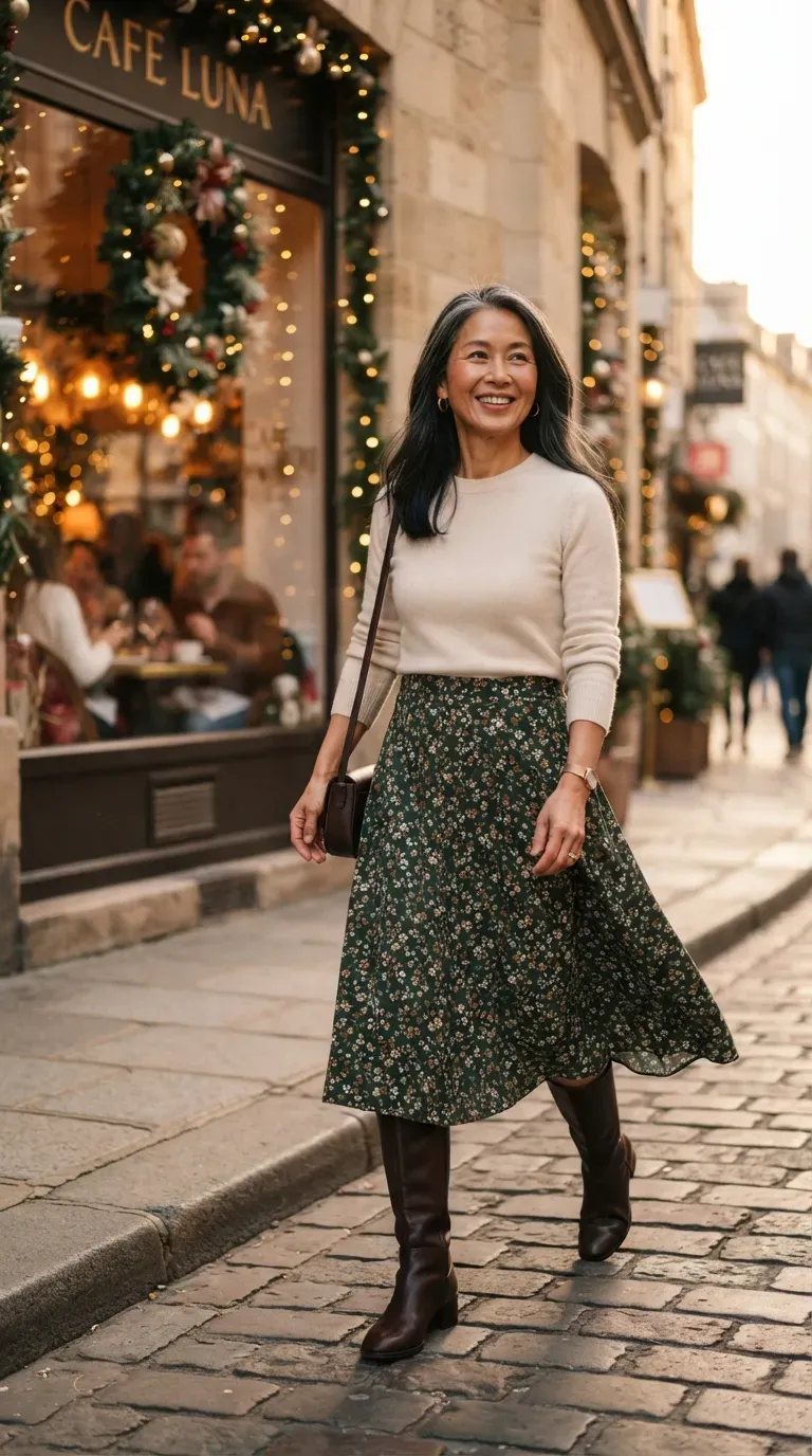 Petite woman over 50 in small-print floral A-line midi skirt and cream sweater near a decorated cafe