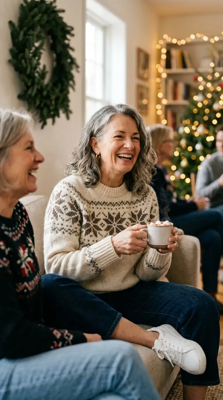 Woman over 50 in snowflake sweater, dark barrel jeans and white sneakers at a casual party