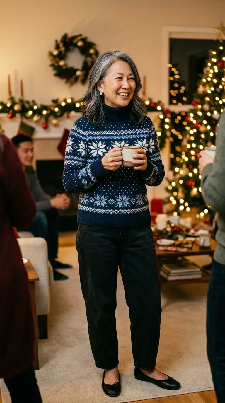 Woman over 50 in snowflake turtleneck sweater, black barrel jeans and ballet flats at a party