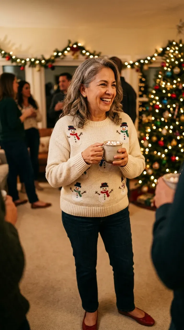 Woman over 50 in snowman sweater, dark jeans and red ballet flats at a casual party